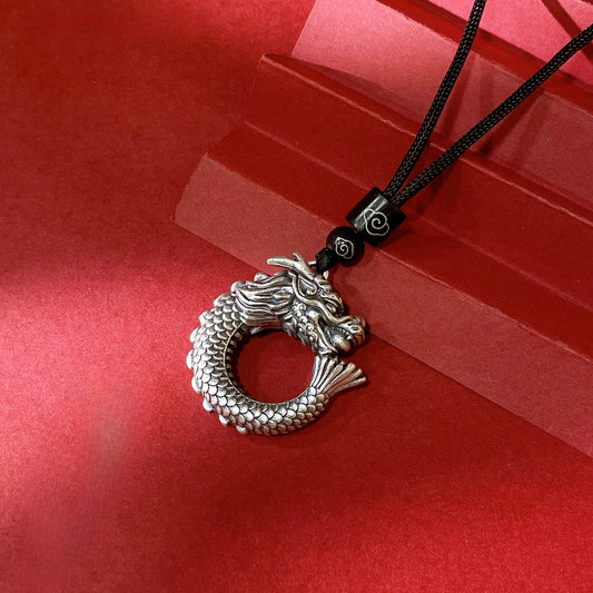 Chinese Dragon Peace Buckle Sterling Silver Pendant Necklace