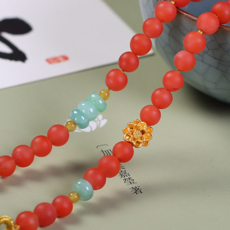 Chinese style natural jadeite and red nanhong necklace