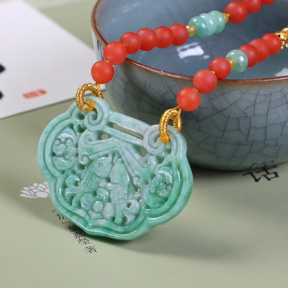 Chinese style natural jadeite and red nanhong necklace