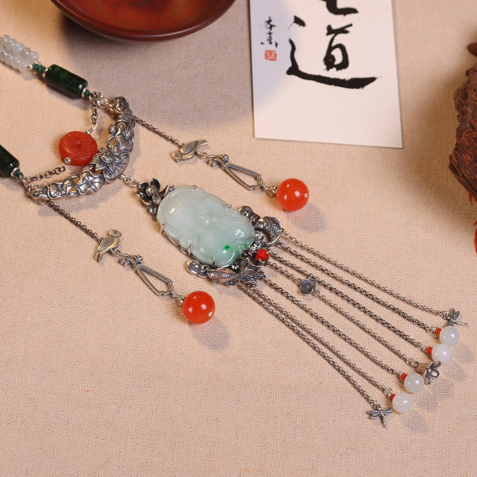 Chinese style jade inlaid sweater necklace