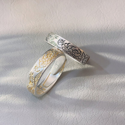 Chinese style peony heart scripture open ring