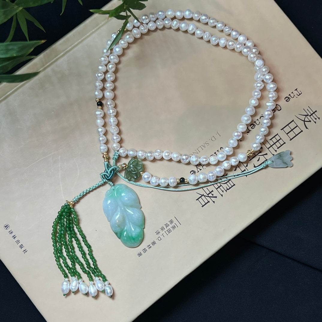 Chinese style jade pearl costume necklace