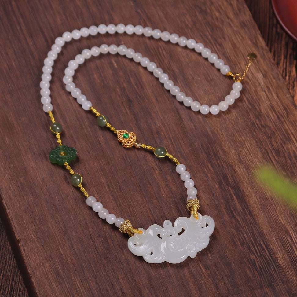 Chinese style Hetian jade old material Phoenix necklace