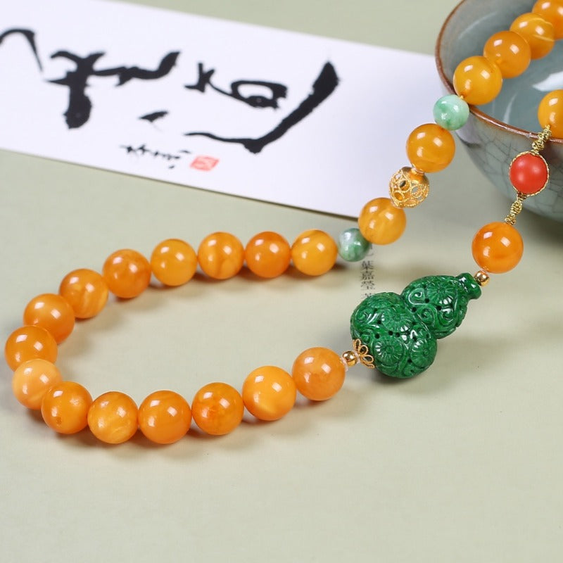 Chinese style white flower amber jade necklace