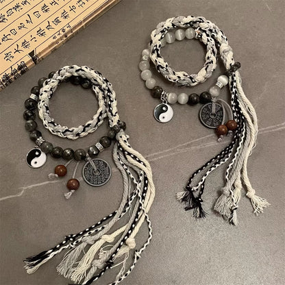 New Chinese style handmade twin Tai Chi mountain ghost coin braided bracelet