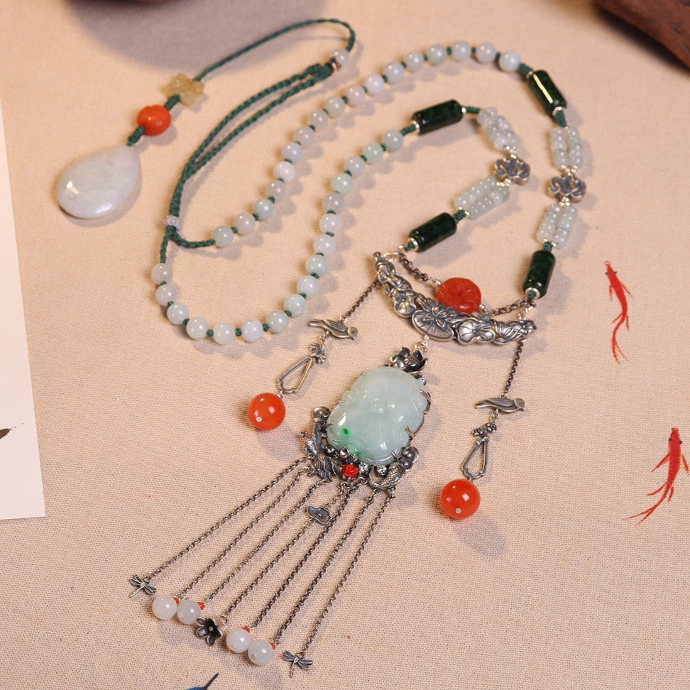 Chinese style jade inlaid sweater necklace