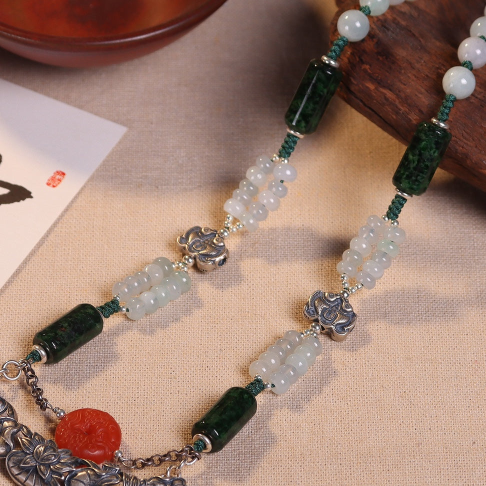 Chinese style jade inlaid sweater necklace