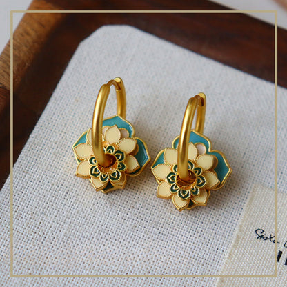 95-Oriental Ancient Style Oil Drop Enamel Summer Flower Earrings