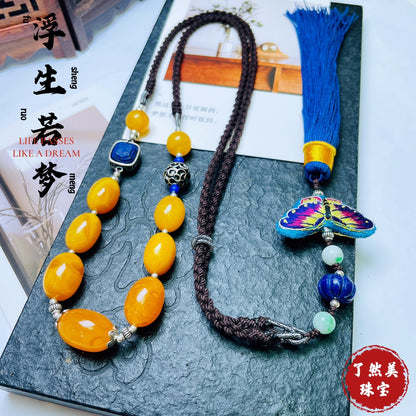 Chinese style white flower beeswax necklace