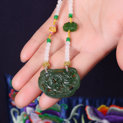 Chinese style jasper dragon and phoenix carved necklace