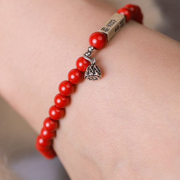 Retro New Chinese Style cinnabar red sand bracelet pure silver Ruyi lotus bracelet