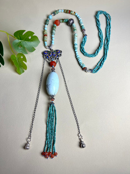 Fashion Turquoise Barrel Bead Sweater Necklace