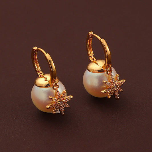 94-Retro Fashion Eight-pointed Star Pearl Zircon Earrings