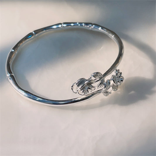 Shiny Bamboo Double Flower Sterling Silver Bracelet