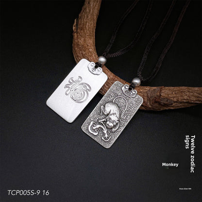 Engraved Chinese Zodiac Sterling Silver Pendant Necklace