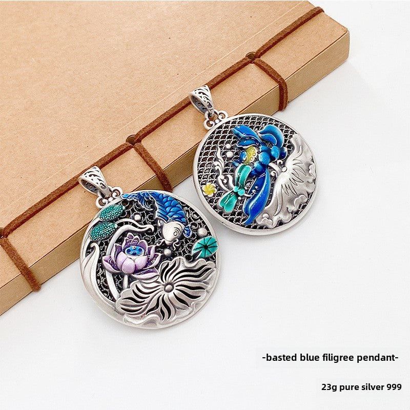 Chinese Colorful Lotus Sterling Silver Pendant