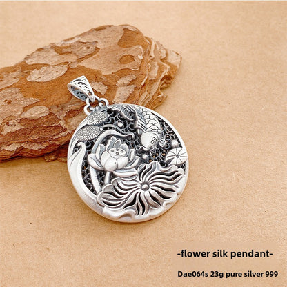 Chinese Colorful Lotus Sterling Silver Pendant