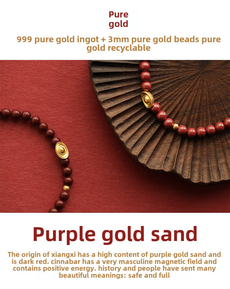 New Chinese style purple gold sand emperor sand cinnabar bracelet full gold ingot bracelet