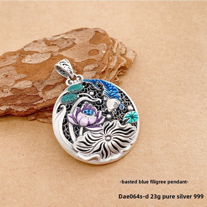 Chinese Colorful Lotus Sterling Silver Pendant