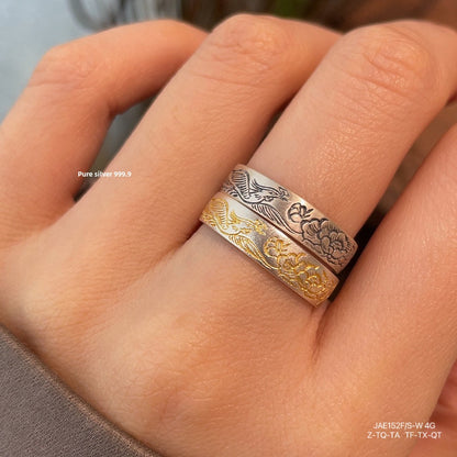 Chinese style peony heart scripture open ring