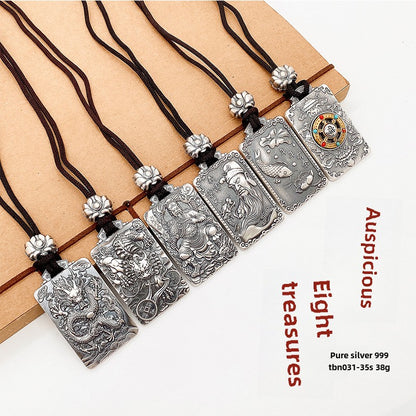 Auspicious Eight Treasures Sterling Silver Pendant Necklace