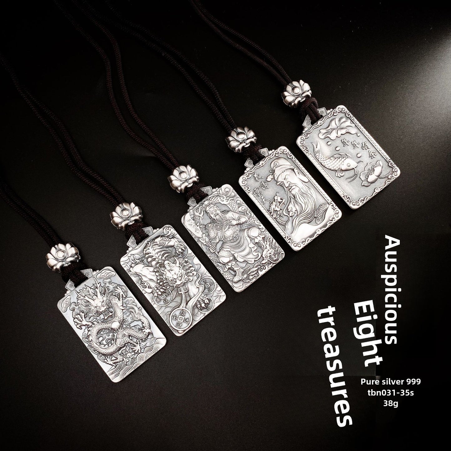 Auspicious Eight Treasures Sterling Silver Pendant Necklace