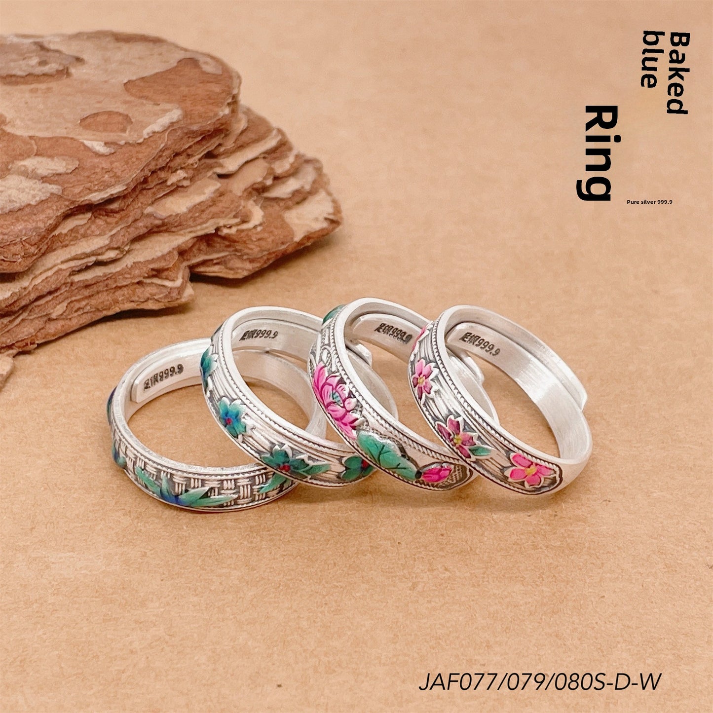 Enamel bamboo leaf and peach flower sterling silver ring