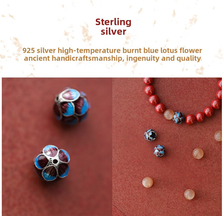 High-end new Chinese style cinnabar ancient silver burning blue lotus bracelet Buddhist beads