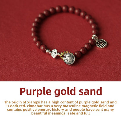 New Chinese style purple gold sand cinnabar bracelet hand-woven auspicious bracelet pure silver bracelet